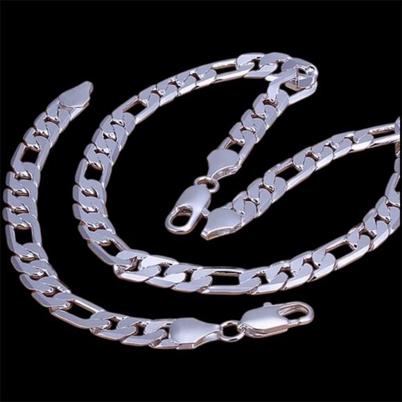 925 Stamped Silver-Color Figaro Chain Set 12MM 22" Necklace & 8" Bracelet - Picture 1 of 9